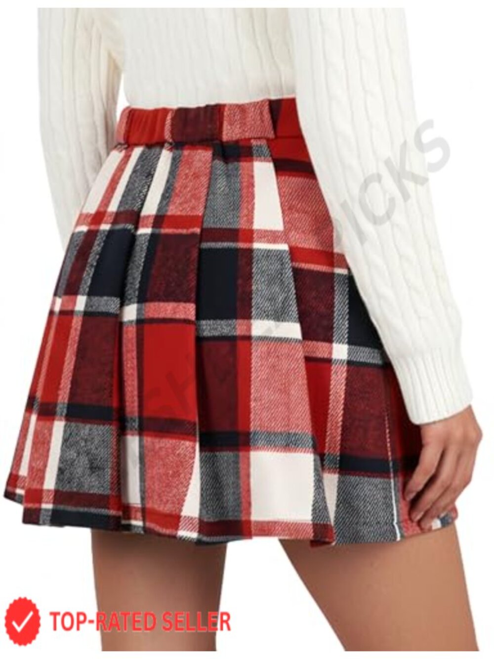 Women's Plaid Pleated Mini Skirt with Built-in Shorts, High Waist A-Line Skater - Picture 3 of 6